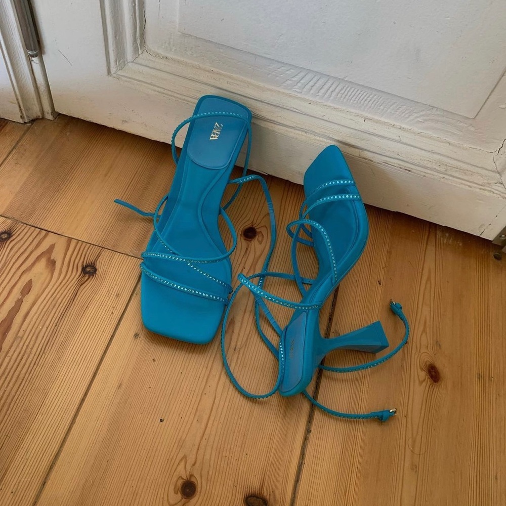 Zara Blue High Heel Rhinestone Sandals - Picture 3 of 17